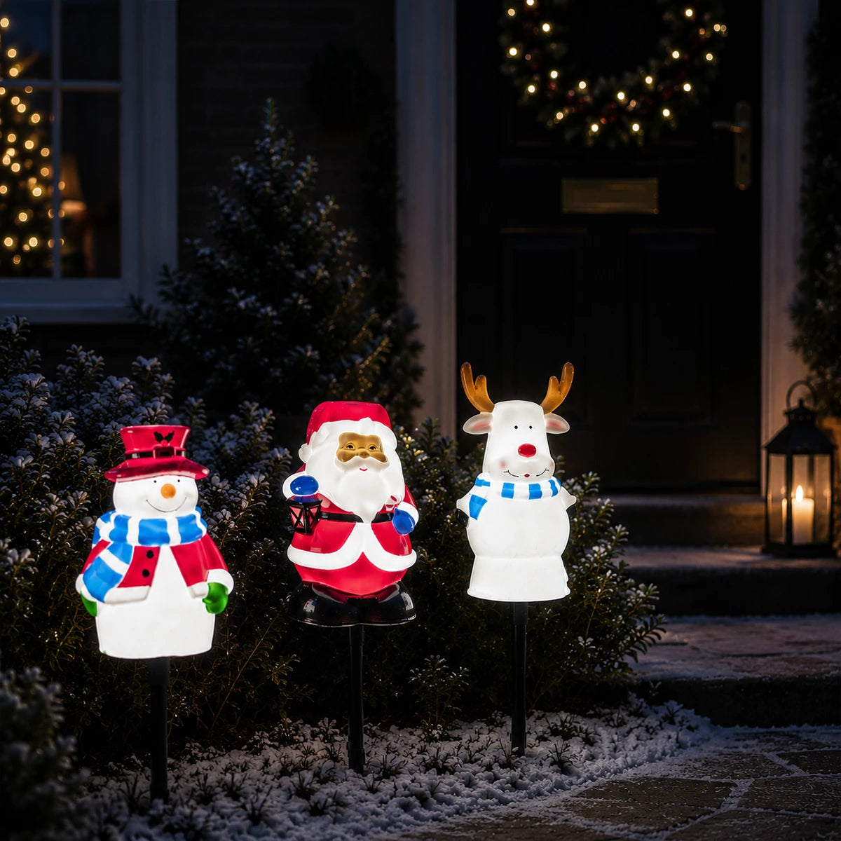 3 Christmas Stake Lights Blow Moulds Santa Snowman Reindeer
