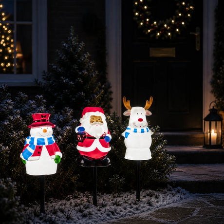 3 Christmas Stake Lights Blow Moulds Santa Snowman Reindeer