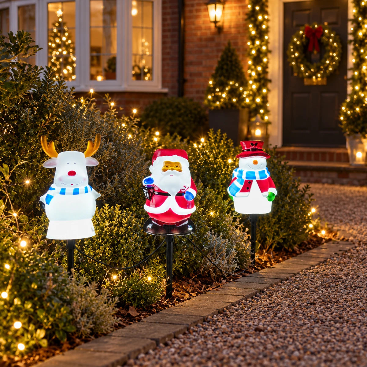 3 Christmas Stake Lights Blow Moulds Santa Snowman Reindeer