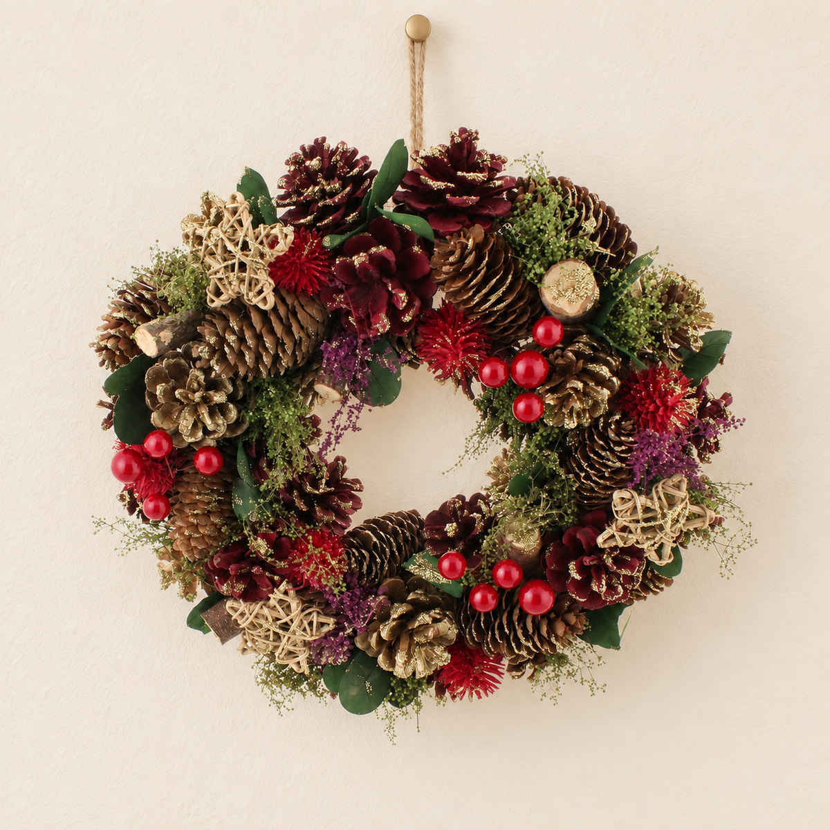 30cm Red Berry & Gold Pinecone Wreath