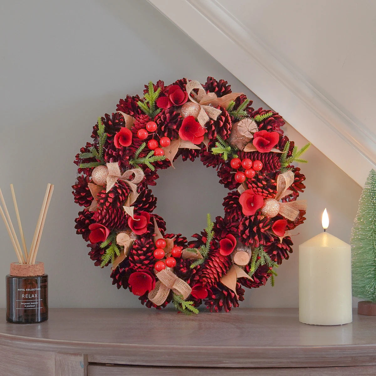 36cm Christmas Wreath with Red Roses and Pinecones