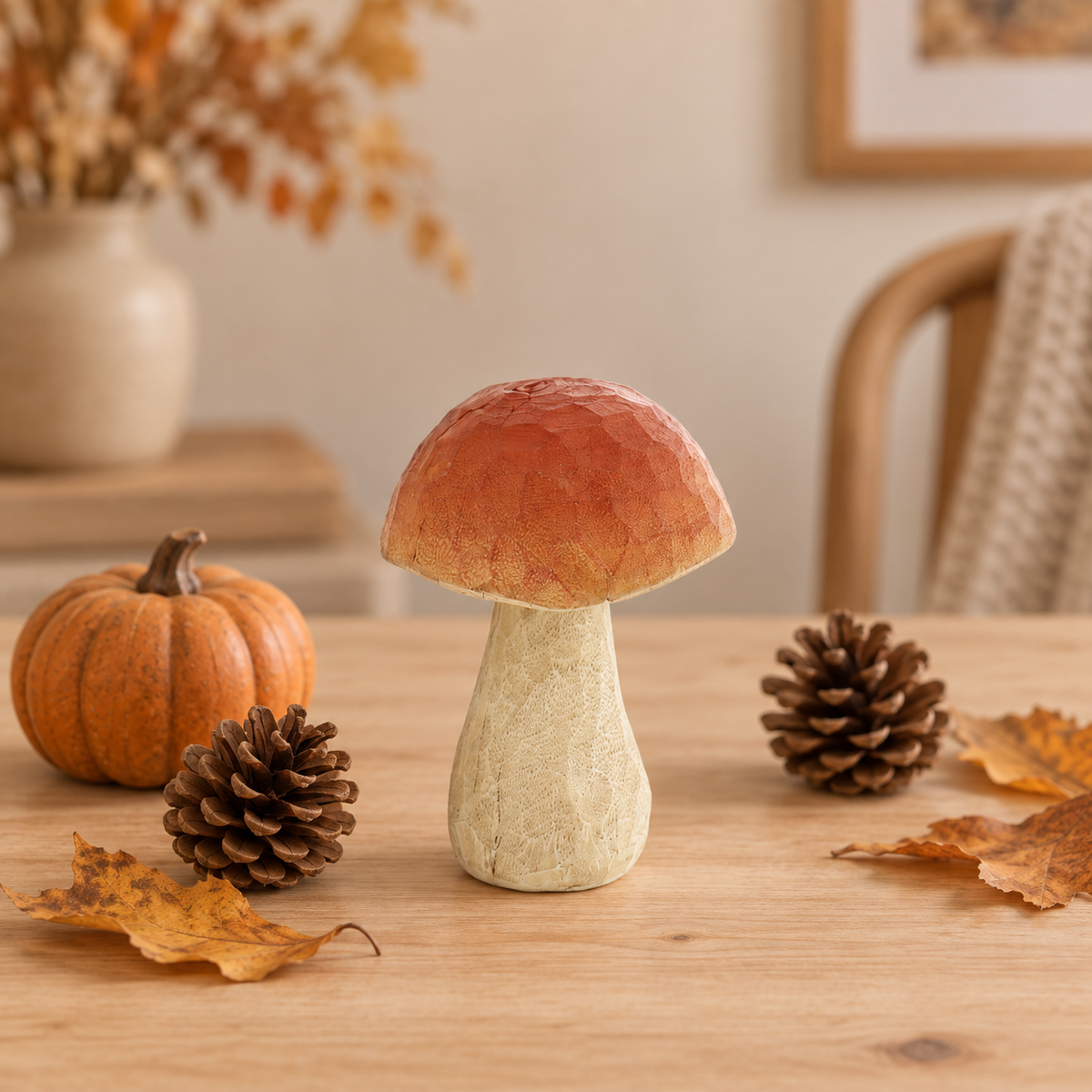 15cm Wood Carved Effect Mushroom Autumn Decoration