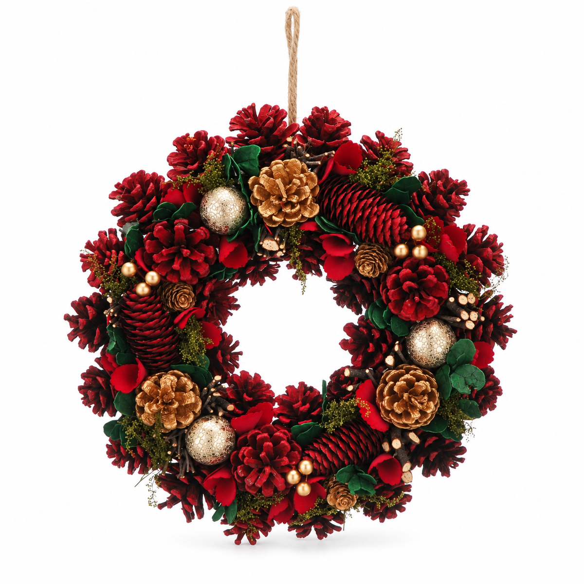34cm Red Pinecones Gold Berries Autumn Wreath