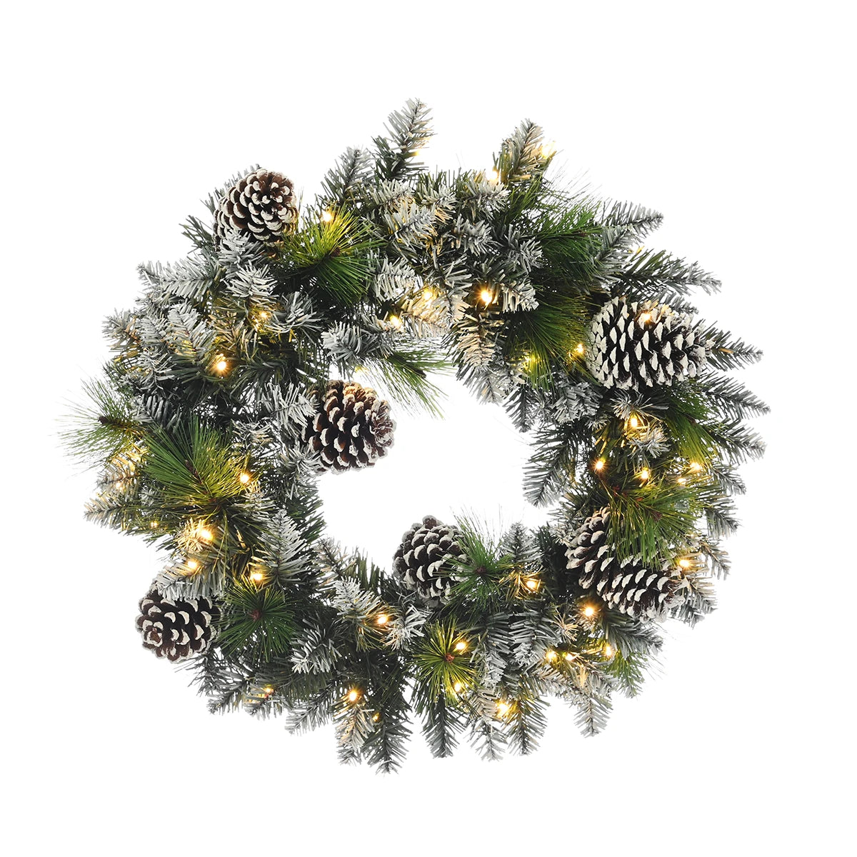 60cm Pre Lit Snowy Pinecone Christmas Wreath Battery Operated