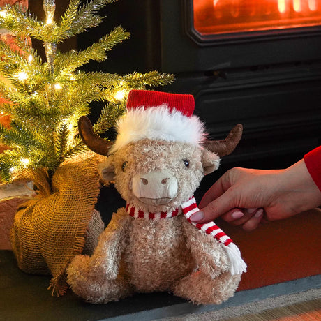 27cm Plush Sitting Highland Cow Red Hat