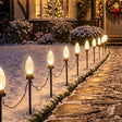 Outdoor Christmas landscape lights with glowing bulb-shaped bulbs mounted on black stakes along a snowy stone path in front of a house at night.
