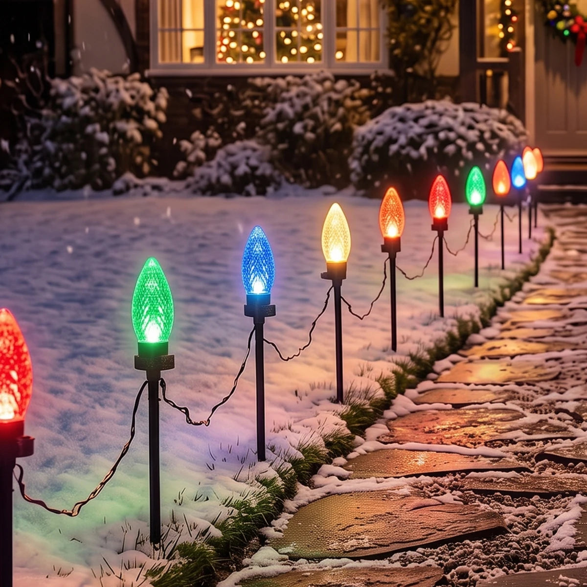 Outdoor Christmas stake lights on a snowy stone path, casting colorful light beams in red, green, blue, orange, and yellow at night.