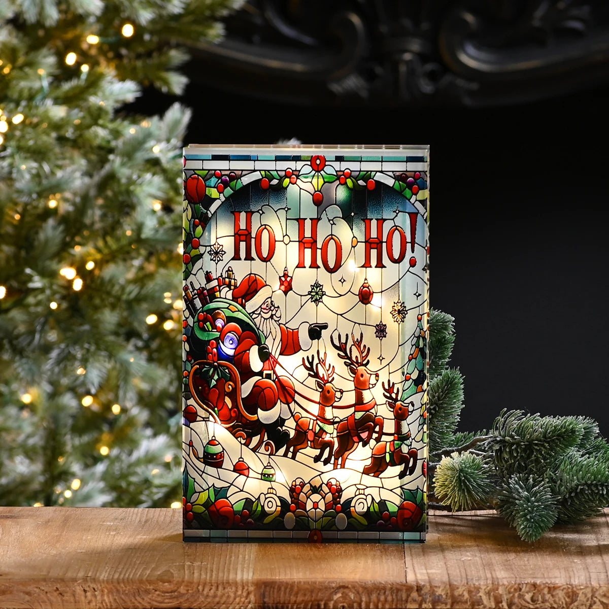 Santa & Sleigh LED Stained Glass Battery Christmas Light
