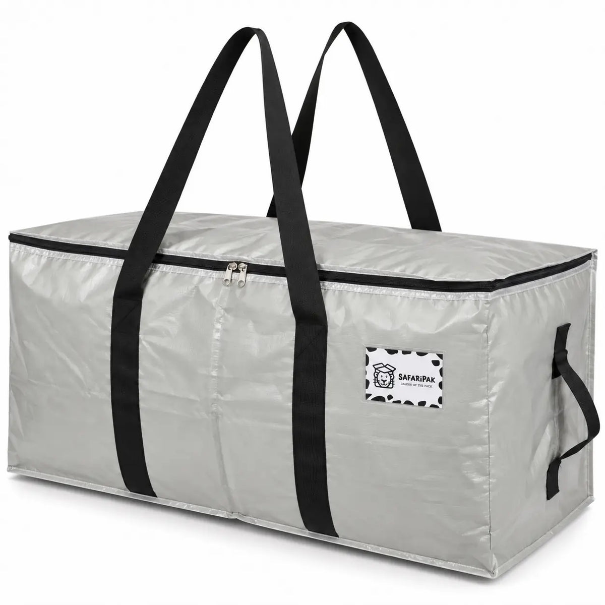 A silver-gray waterproof storage bag with black handles and trim, featuring a brand patch on the front, photographed on a white background.