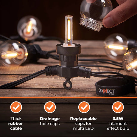 Connectable Festoon Lights with G50 Filament Effect Bulbs on Black Rubber Cable