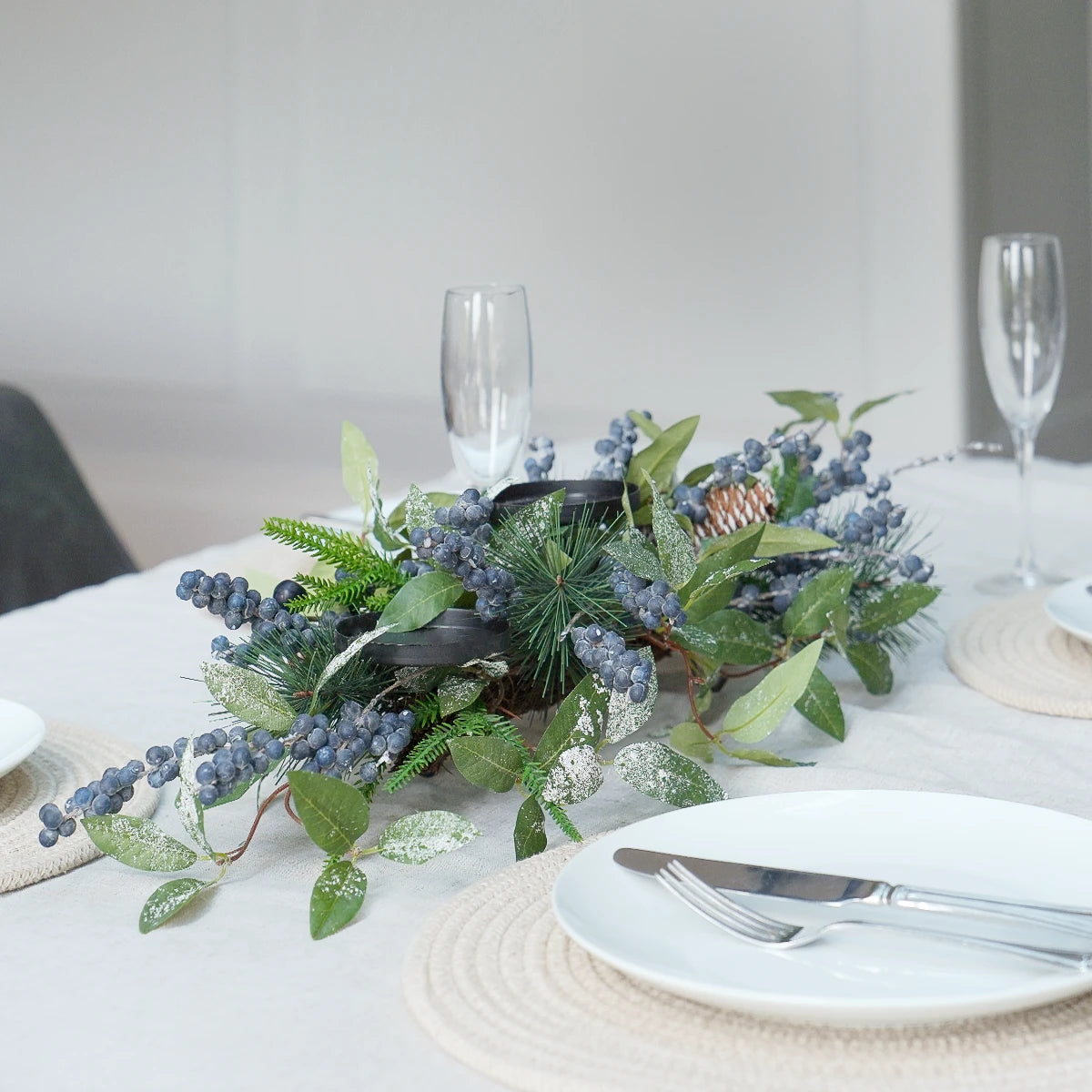 Navy Berry Christmas Wreath Candle Holder Table Decoration