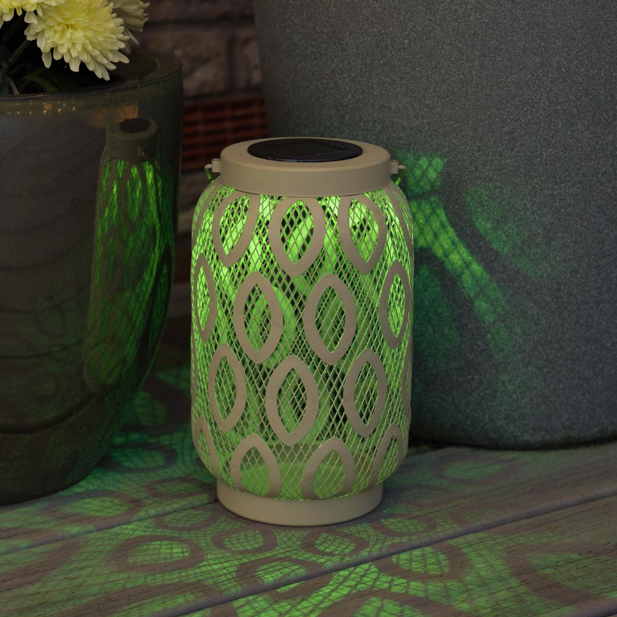 26cm Solar Metal Hanging Table Lantern, White, Warm White and Colour Changing LEDs