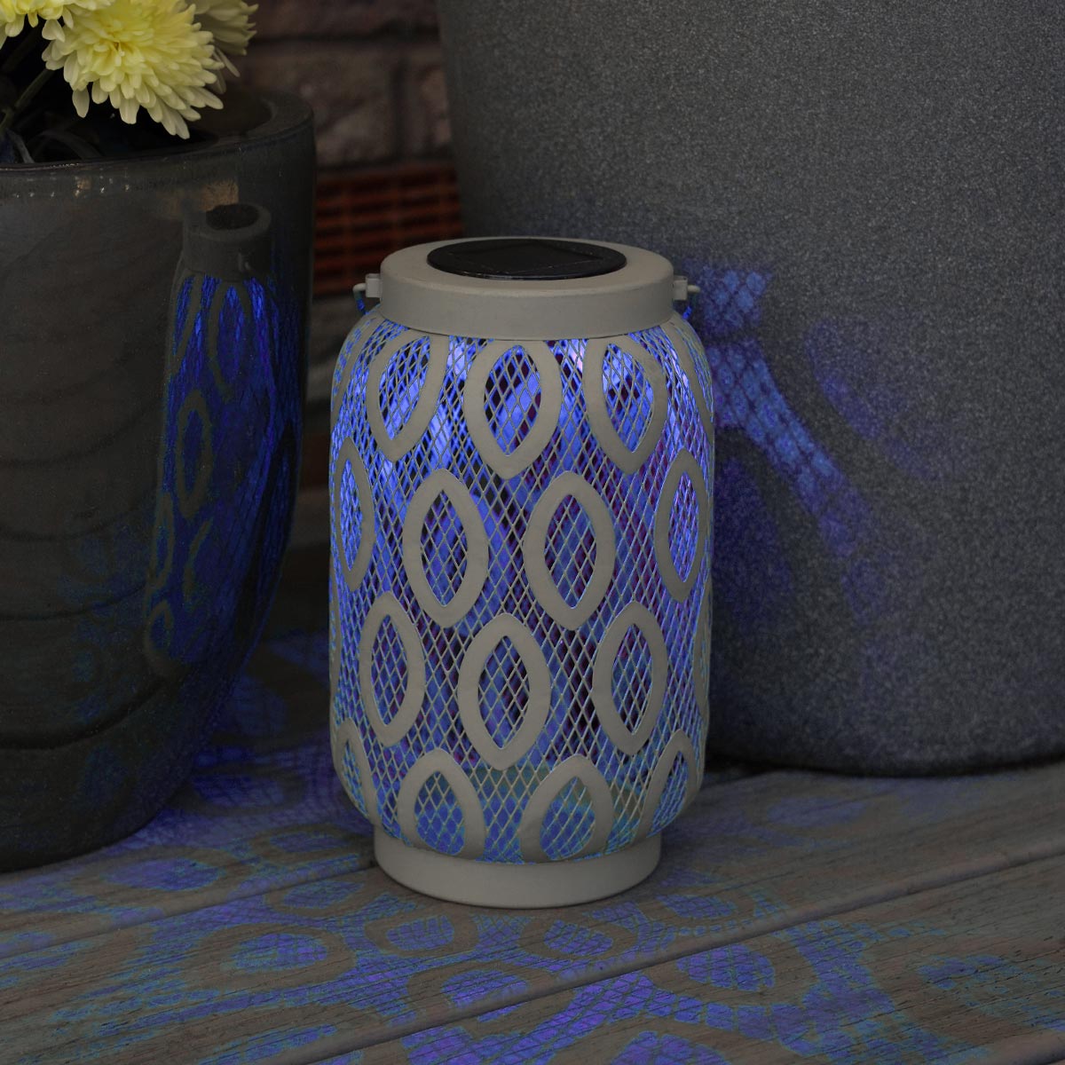 26cm Solar Metal Hanging Table Lantern, White, Warm White and Colour Changing LEDs