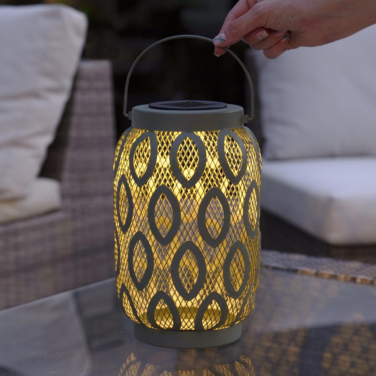 26cm Solar Metal Hanging Table Lantern, White, Warm White and Colour Changing LEDs