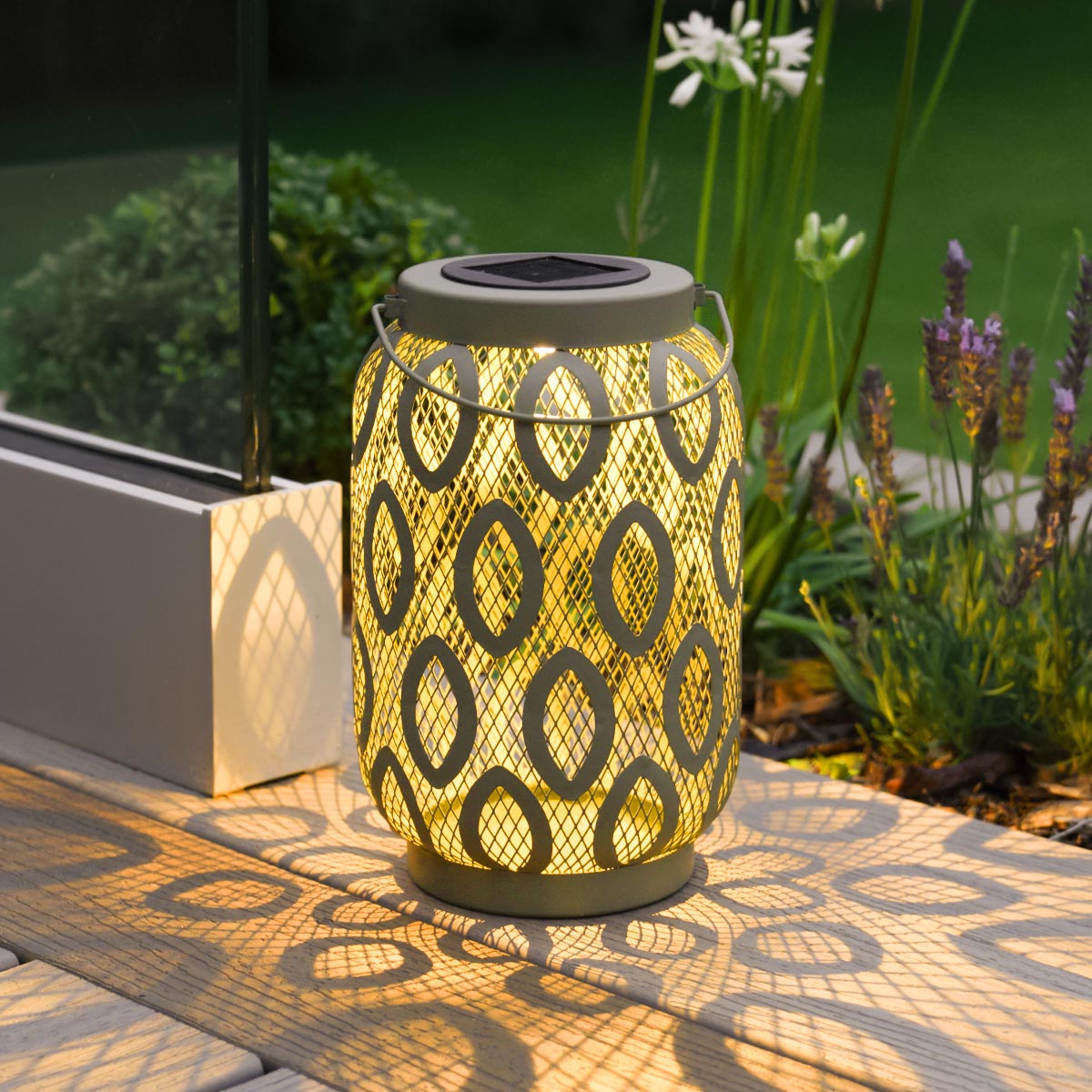 26cm Solar Metal Hanging Table Lantern, White, Warm White and Colour Changing LEDs