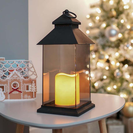 Outdoor Battery Smoked Glass Effect Flickering Candle Lantern, 31cm