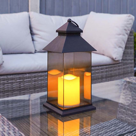 Outdoor Battery Smoked Glass Effect Flickering Candle Lantern, 31cm