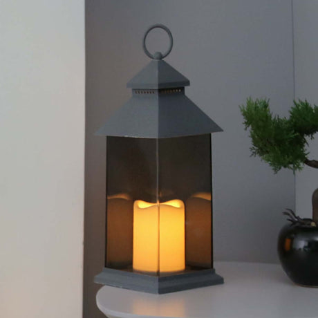 Outdoor Battery Smoked Glass Effect Flickering Candle Lantern, 31cm