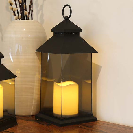 Outdoor Battery Smoked Glass Effect Flickering Candle Lantern, 31cm