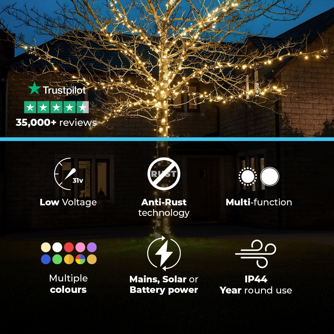 ConnectGo® Outdoor LED Fairy Lights, Connectable, Dark Green Cable