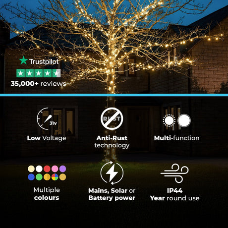 ConnectGo® Outdoor LED Fairy Lights, Connectable, Dark Green Cable