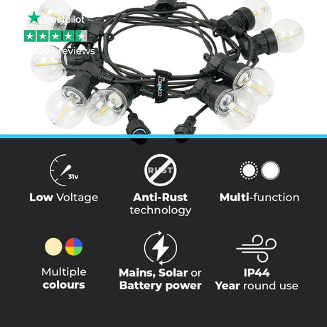Connectable Festoon Lights with G50 Clear Filament Effect Bulbs on Black Rubber Cable