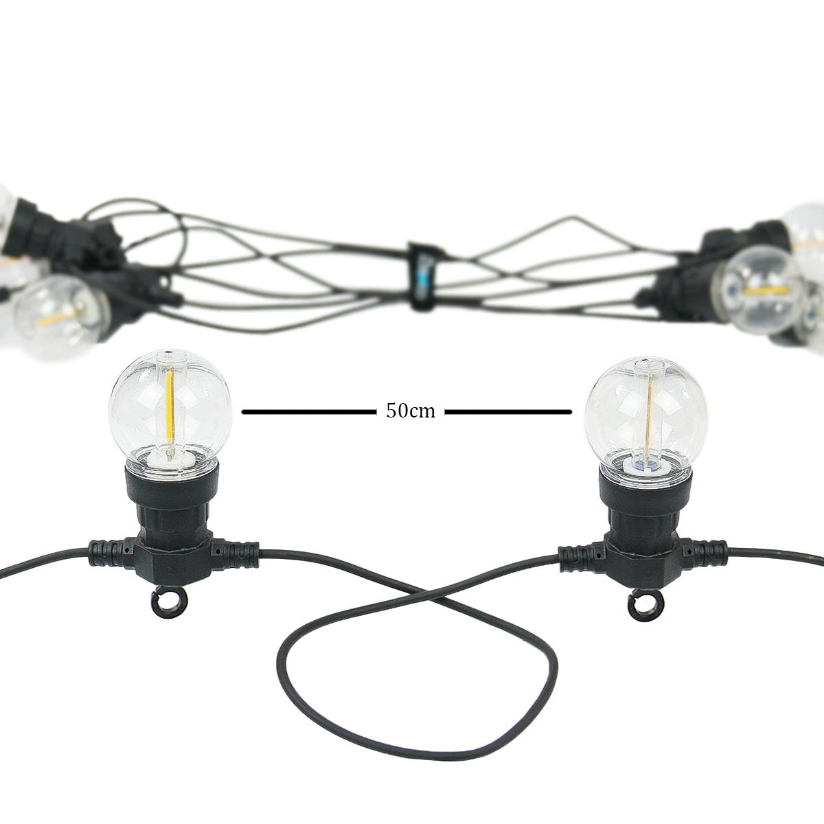 Connectable Festoon Lights with G50 Clear Filament Effect Bulbs on Black Rubber Cable
