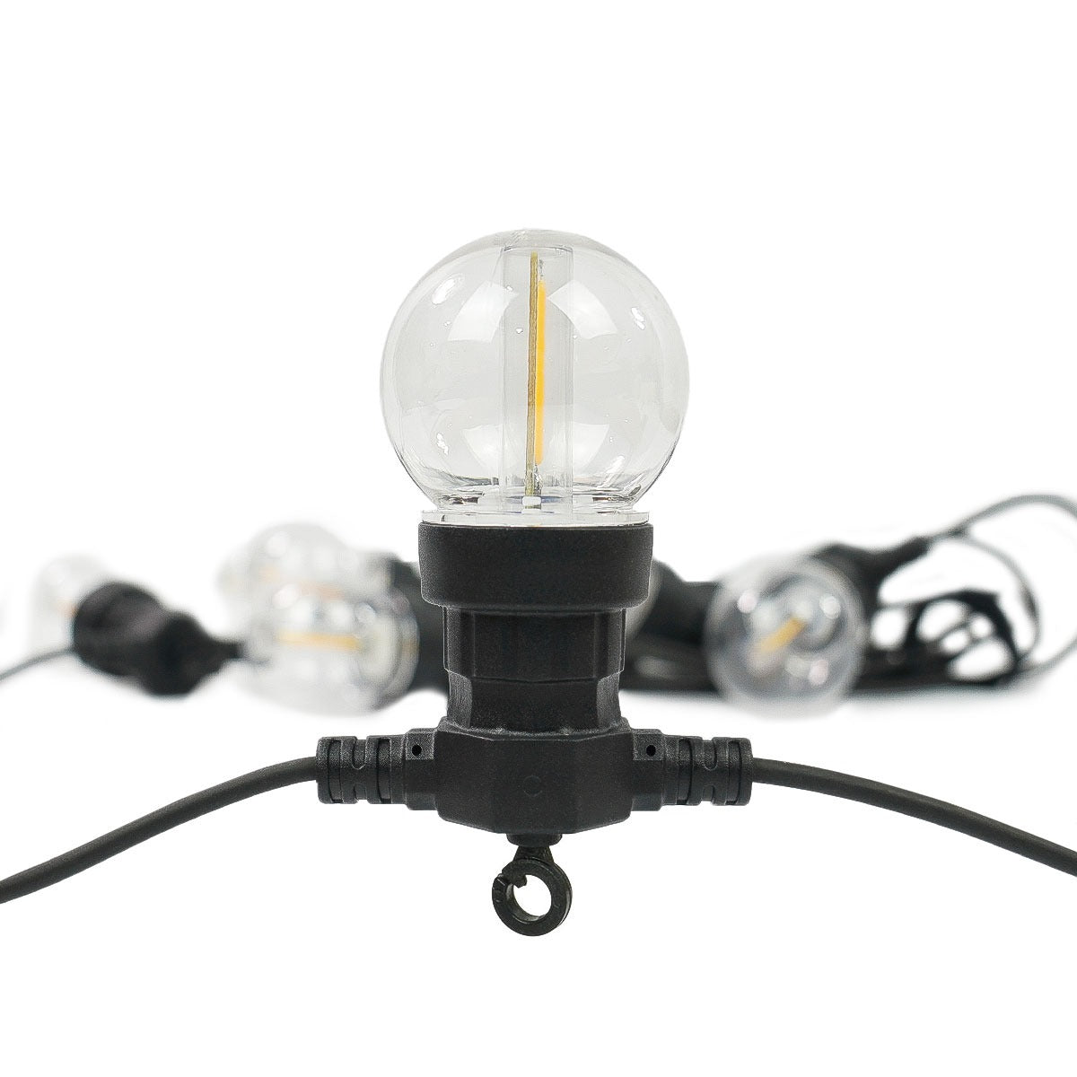 Connectable Festoon Lights with G50 Clear Filament Effect Bulbs on Black Rubber Cable
