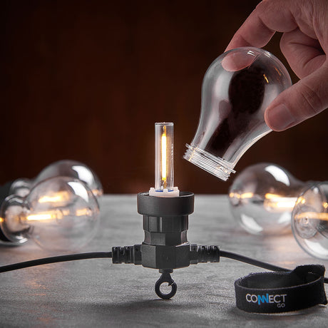 Connectable Festoon Lights with A60 Filament Effect Bulbs on Black Rubber Cable