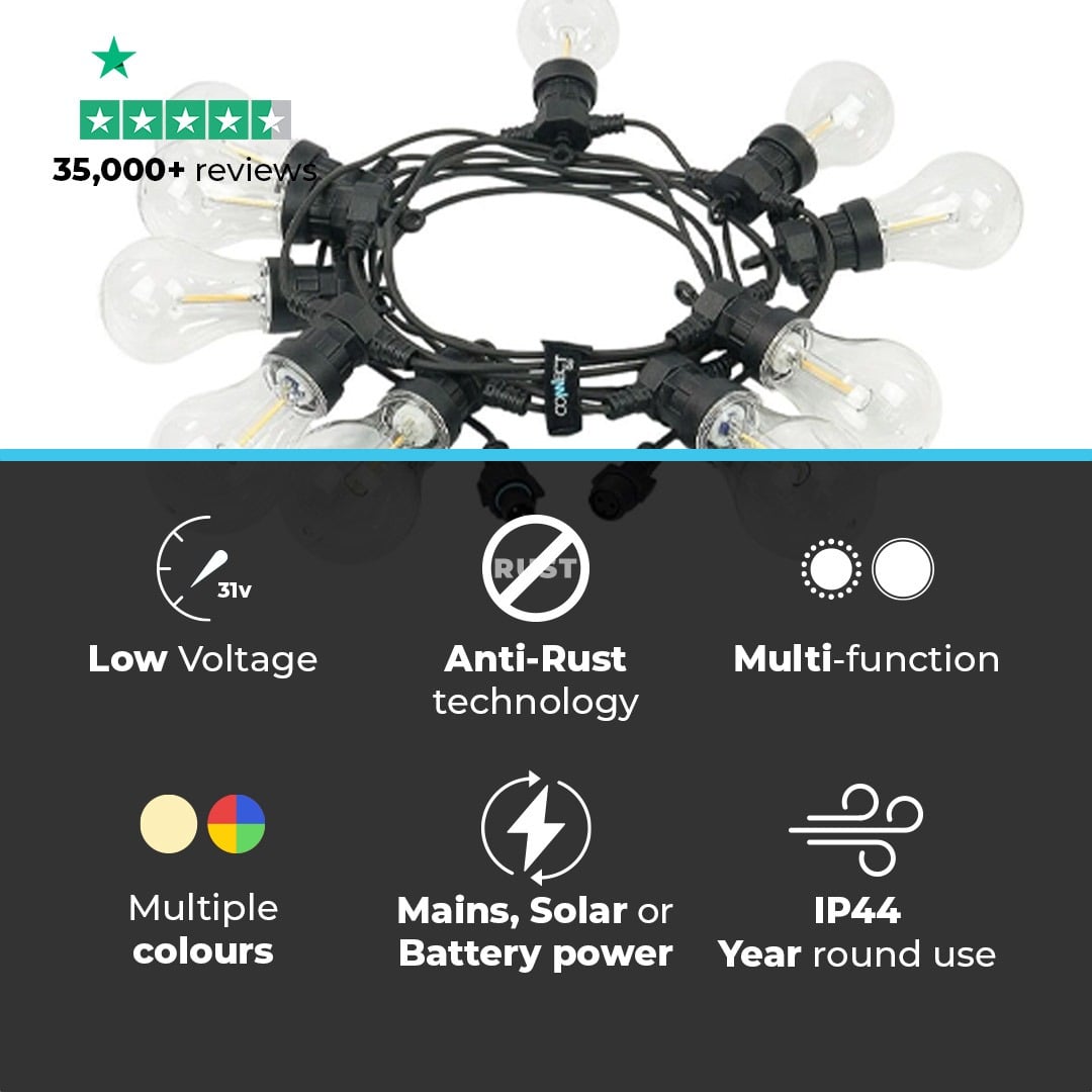 Connectable Festoon Lights with A60 Filament Effect Bulbs on Black Rubber Cable