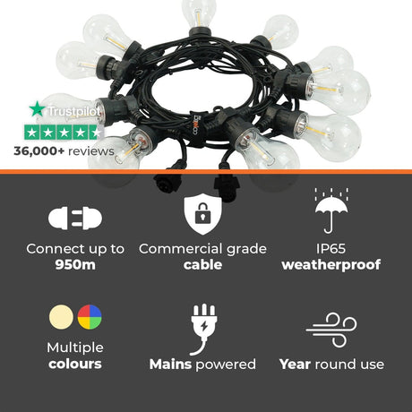 Connectable Festoon Lights with A60 Filament Effect Bulbs on Black Rubber Cable