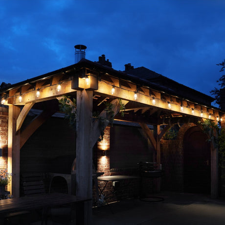 Connectable Festoon Lights with A60 Filament Effect Bulbs on Black Rubber Cable
