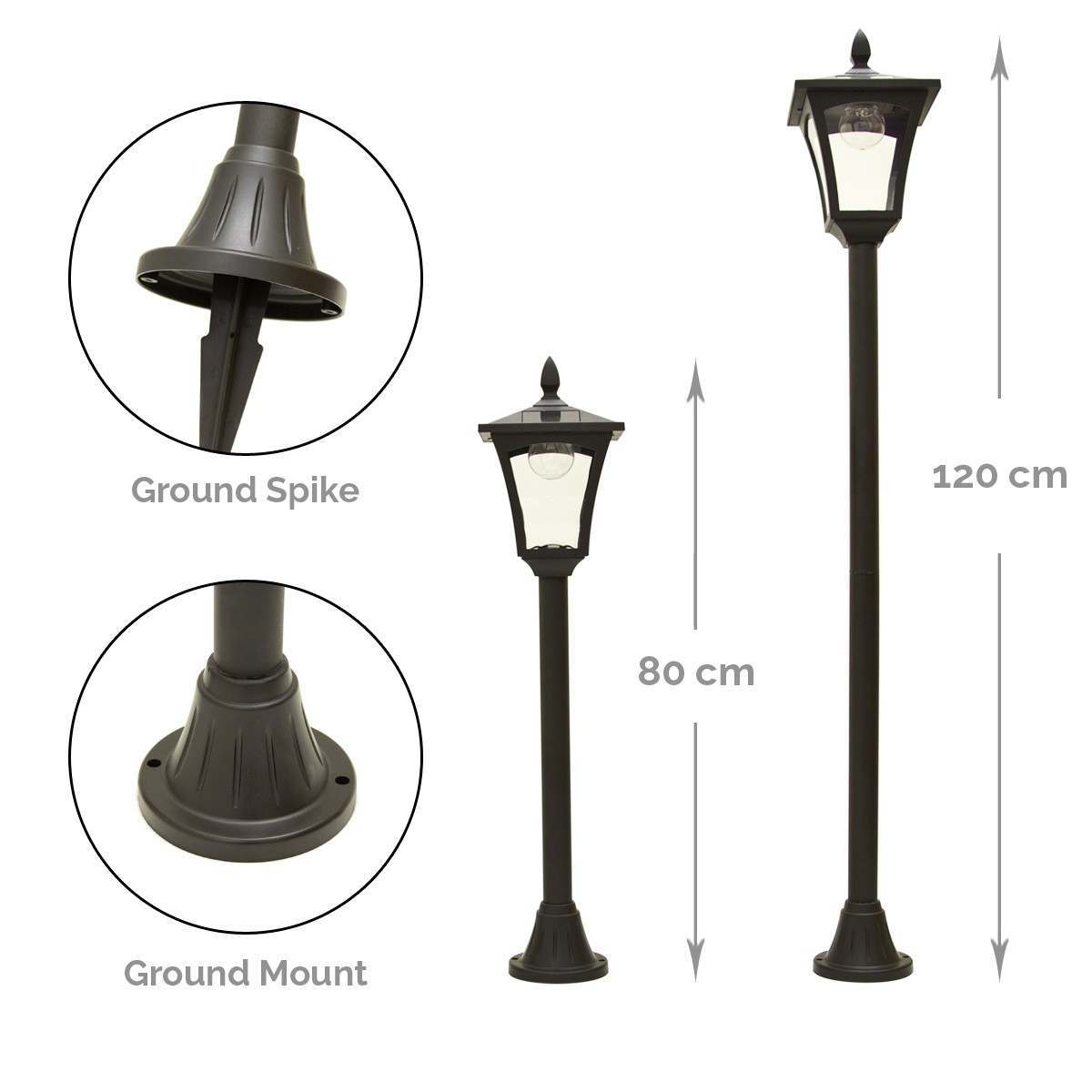 2 Black Security Solar Lamp Posts 1.2m