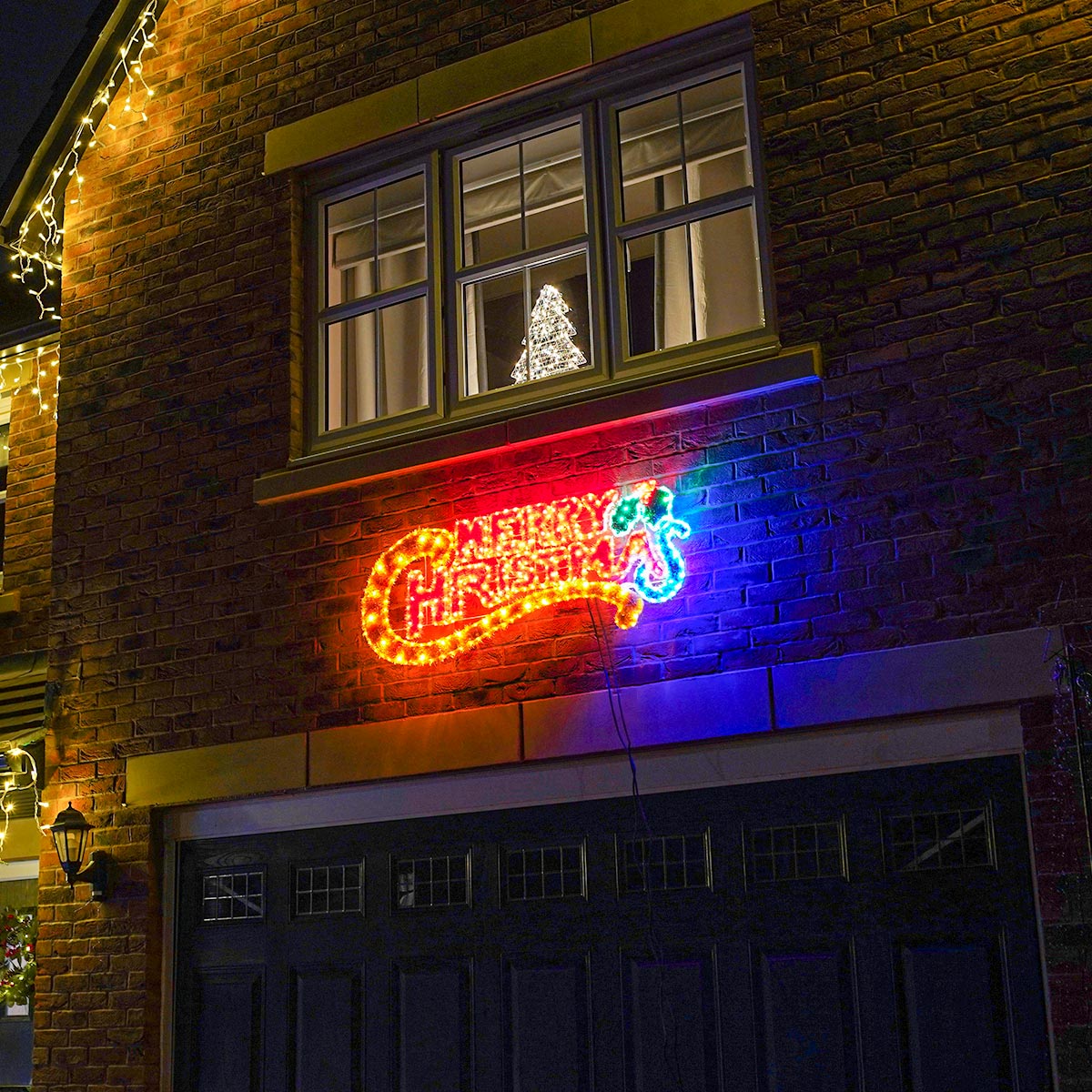 1.45m Outdoor Merry Christmas Tinsel Silhouette, 85 Multi Colour LEDs