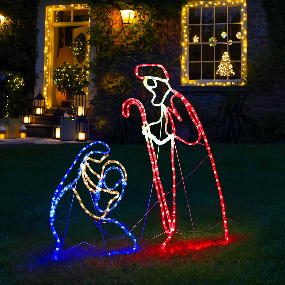 Outdoor Mary and Joseph Rope Light Christmas Silhouette