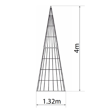 A simple black line drawing of a cone-shaped decorative structure with dimension labels showing 4 m height and 1.32 m base width on a white background.