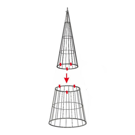 A wire cone-shaped hanging display stand shown in two positions, with an arrow between them indicating assembly or use. The stand is rendered in dark gray lines with small red markers highlighting attachment points, on a plain white background.