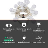 Connectable Festoon Lights with Frosted Bulbs on White Rubber Cable