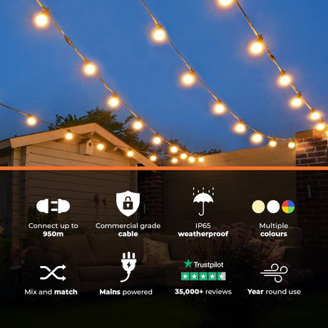 Connectable Festoon Lights with Frosted Bulbs on Black Rubber Cable