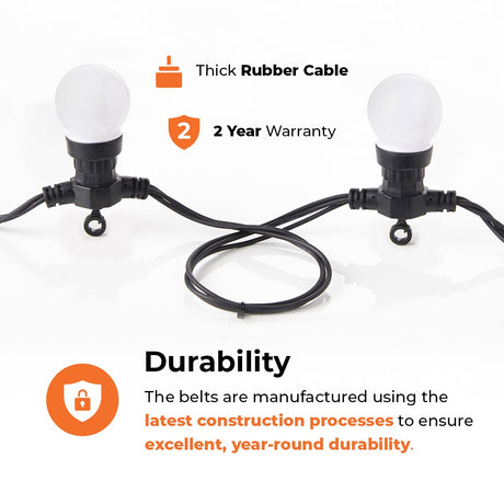Connectable Festoon Lights with Frosted Bulbs on Black Rubber Cable