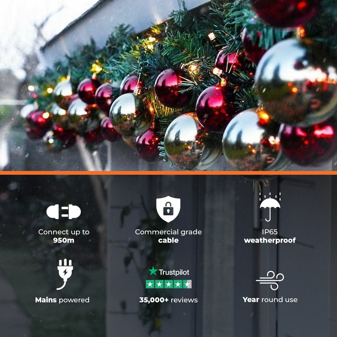 ConnectPro® Outdoor LED Garland with Baubles, Connectable, Black Rubber Cable