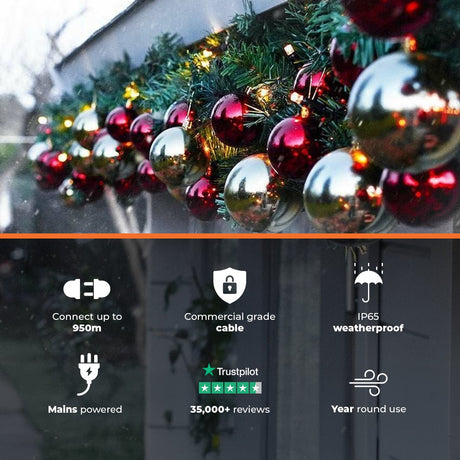 ConnectPro® Outdoor LED Garland with Baubles, Connectable, Black Rubber Cable
