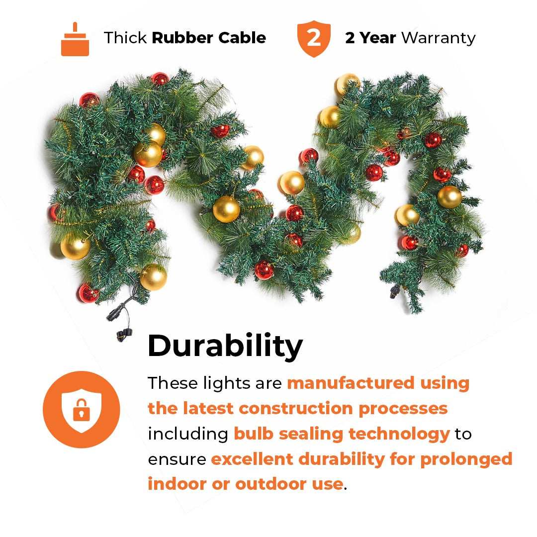 ConnectPro® Outdoor LED Garland with Baubles, Connectable, Black Rubber Cable