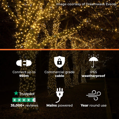 ConnectPro® Outdoor String Lights, Warm White with White Flash LED, Black Rubber Cable