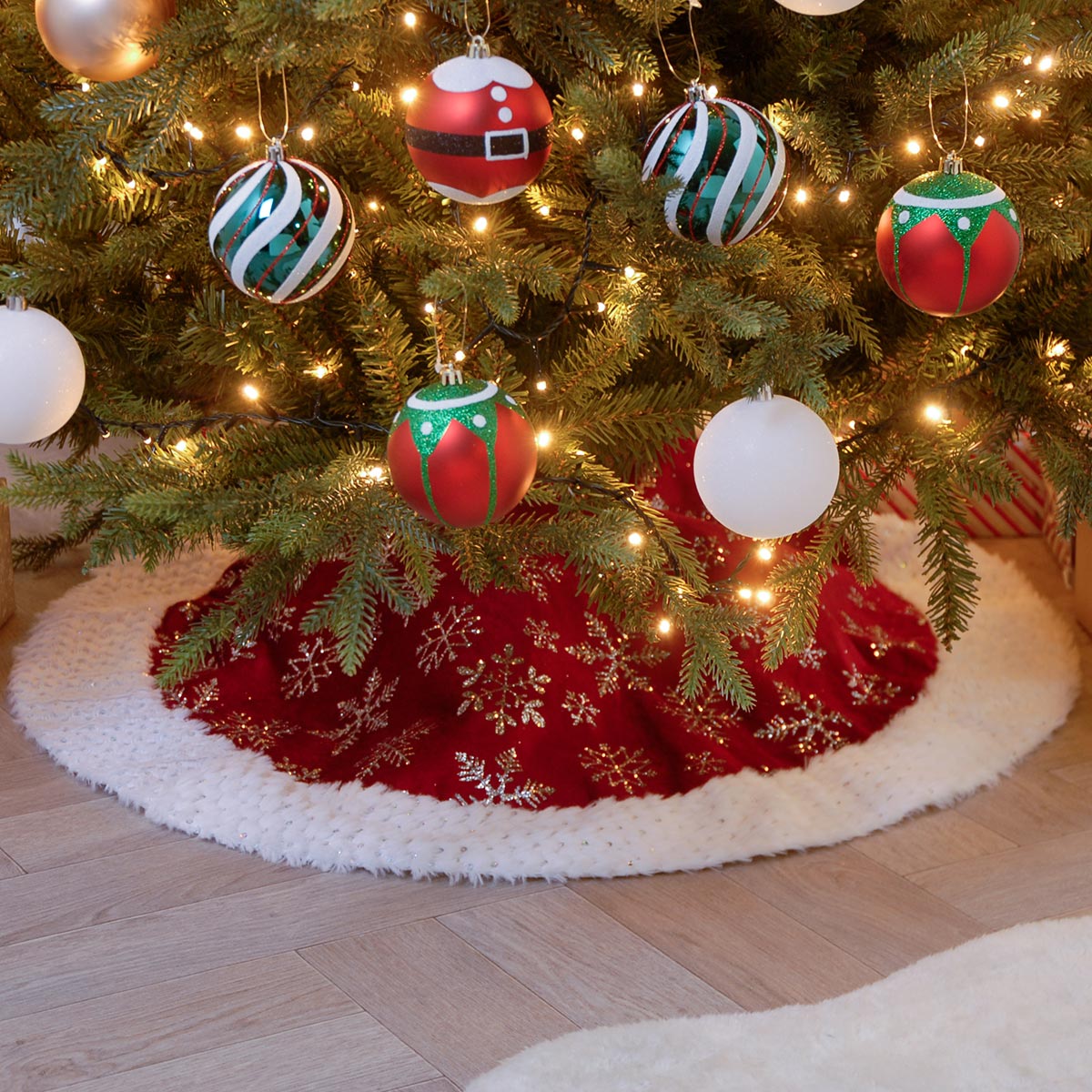 90cm Burgundy with Silver Snowflakes Christmas Tree Skirt