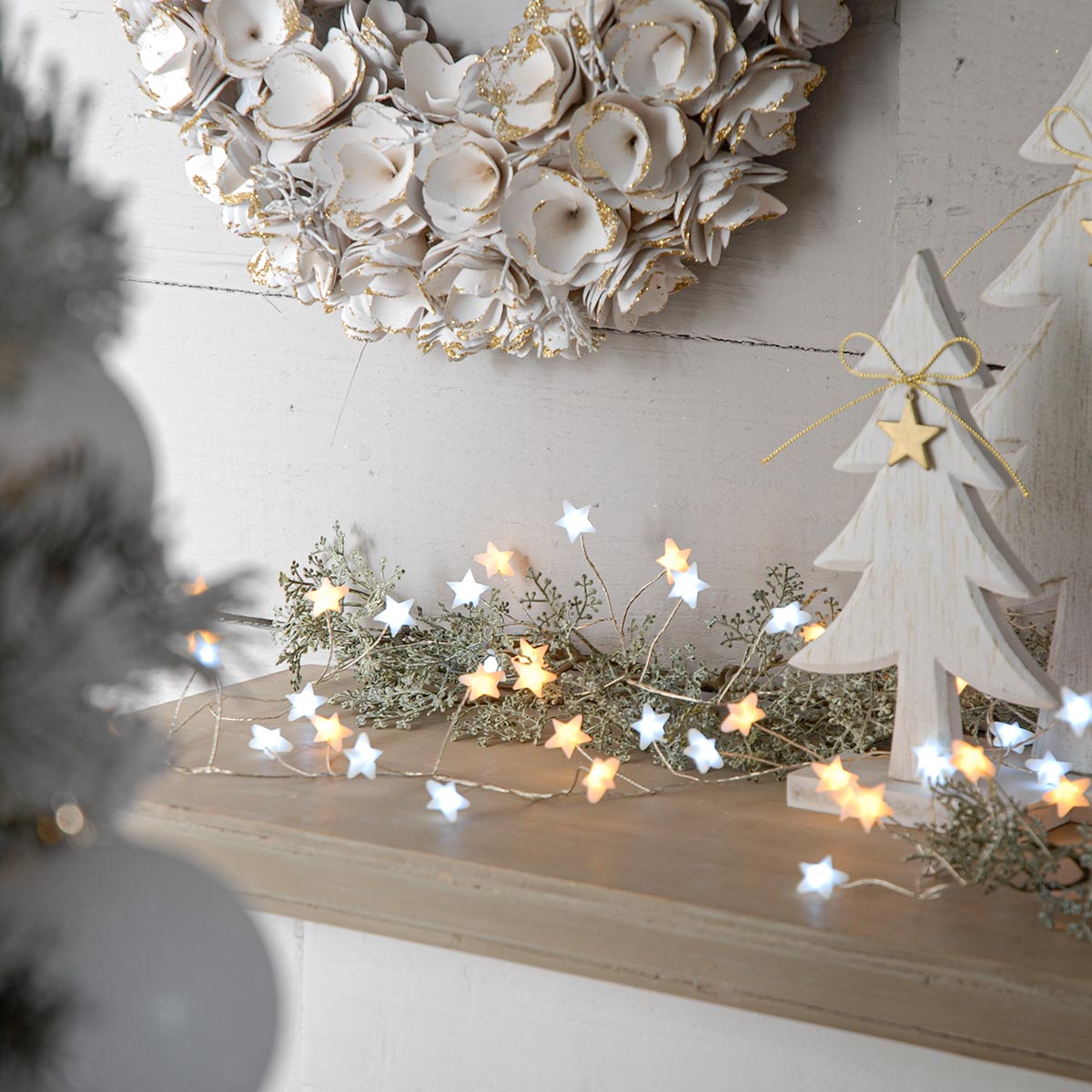 3m Silver Firefly Wire Christmas Tree Star Lights, White and Warm White LEDs