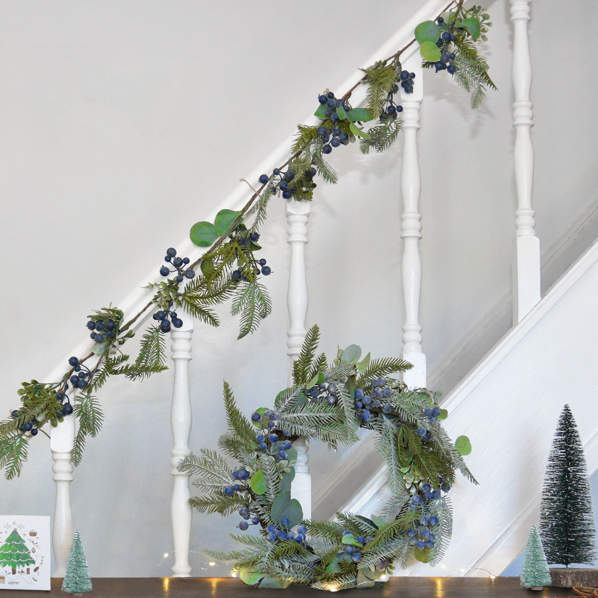 Green Eucalyptus with Navy Berries Christmas Wreath & Garland