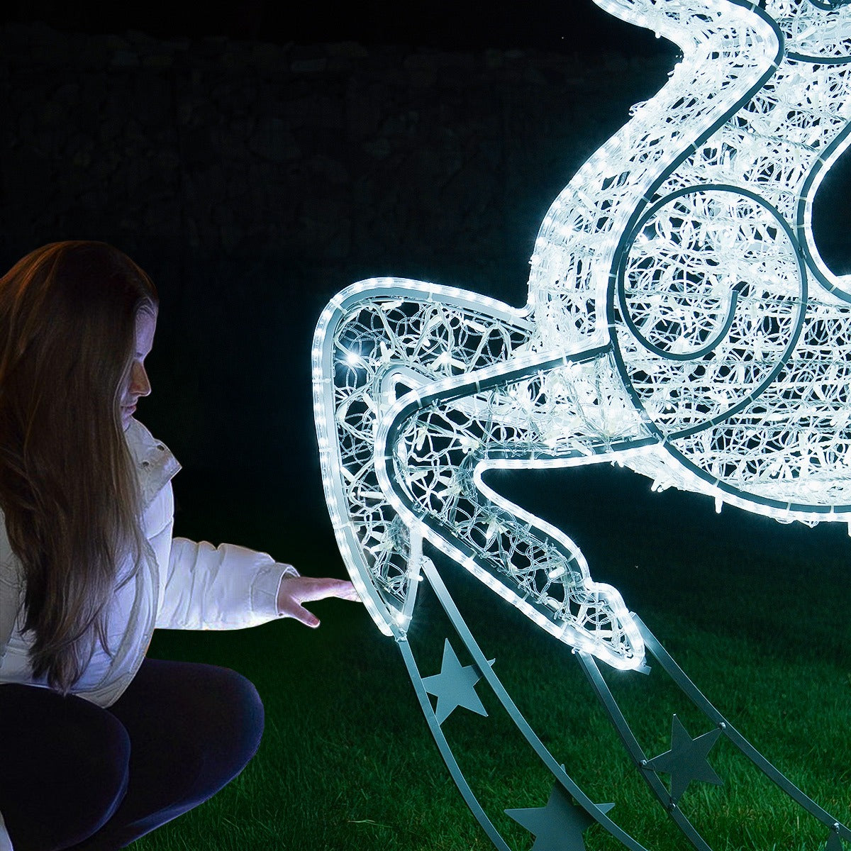 Life-Size Outdoor Reindeer and Sleigh Christmas Figure Blue & White Flashing LED Motif