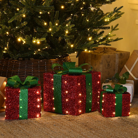 Set of 3 Battery LED Christmas Presents Red