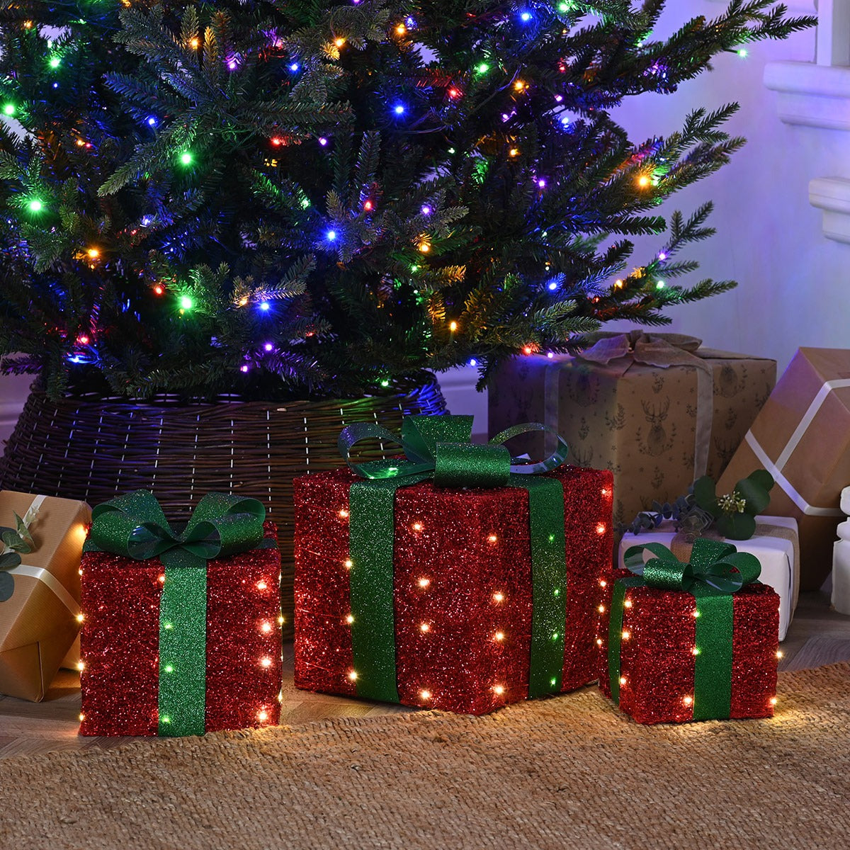 Set of 3 Battery LED Christmas Presents Red Christmas Tree